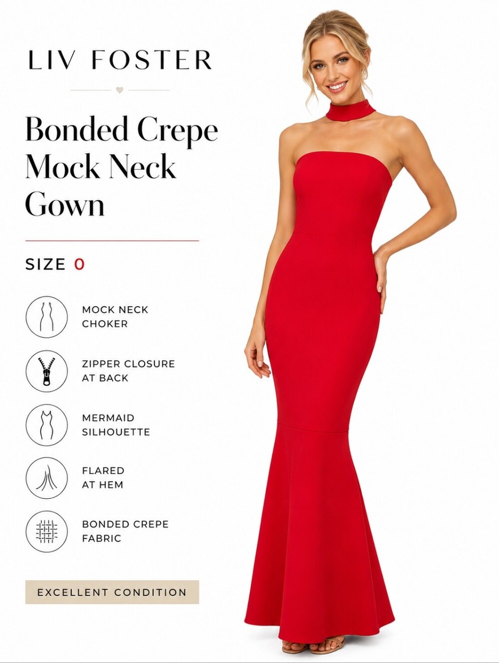 Liv Foster Red Bonded Crepe Strapless Mermaid Formal Gown w/ Choker – Size 0